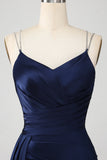 Navy Mermaid Spaghetti Straps Pleated Corset Long Formal Dress With Slit