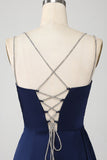 Navy Mermaid Spaghetti Straps Pleated Corset Long Formal Dress With Slit