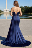 Navy Mermaid Spaghetti Straps Pleated Corset Long Formal Dress With Slit