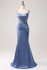Load image into Gallery viewer, Mermaid Grey Blue Satin Spaghetti Straps Long Formal Dress