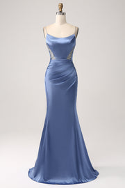 Mermaid Grey Blue Satin Spaghetti Straps Long Formal Dress