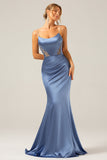 Mermaid Grey Blue Satin Spaghetti Straps Pleated Bridesmaid Dress