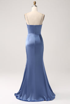 Mermaid Grey Blue Satin Spaghetti Straps Long Formal Dress