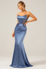 Load image into Gallery viewer, Mermaid Grey Blue Satin Spaghetti Straps Pleated Bridesmaid Dress