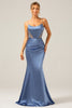 Load image into Gallery viewer, Mermaid Grey Blue Satin Spaghetti Straps Pleated Bridesmaid Dress