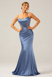 Mermaid Grey Blue Satin Spaghetti Straps Pleated Bridesmaid Dress