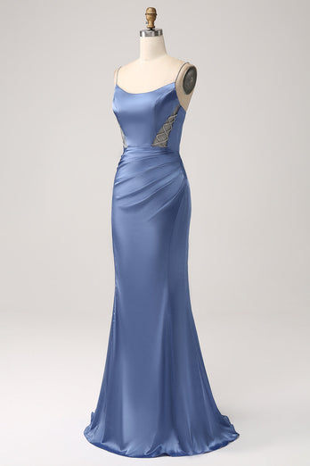 Mermaid Grey Blue Satin Spaghetti Straps Long Formal Dress