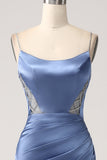 Mermaid Grey Blue Satin Spaghetti Straps Long Formal Dress