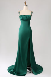 Dark Green Mermaid Spaghetti Straps Satin Formal Dress with Slit