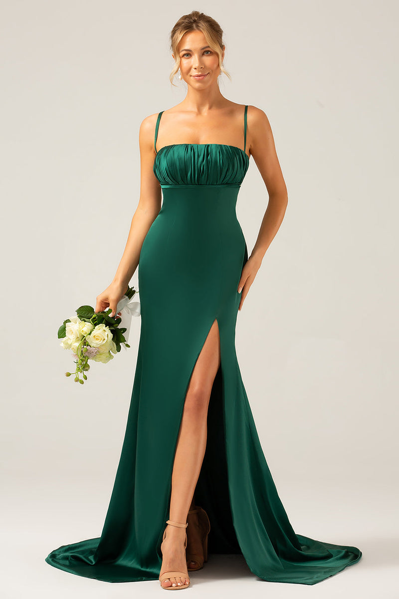 Load image into Gallery viewer, Dark Green Mermaid Spaghetti Straps Satin Long Bridesmaid Dress