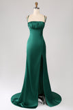 Dark Green Mermaid Spaghetti Straps Satin Formal Dress with Slit