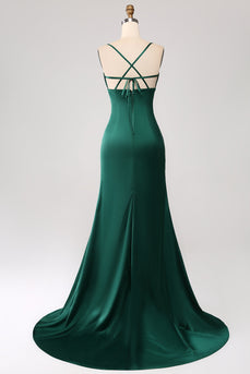 Dark Green Mermaid Spaghetti Straps Satin Formal Dress with Pleated