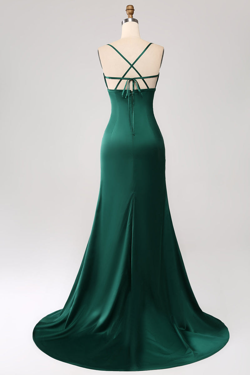 Load image into Gallery viewer, Dark Green Mermaid Spaghetti Straps Satin Formal Dress with Slit