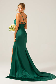 Dark Green Mermaid Spaghetti Straps Satin Long Bridesmaid Dress