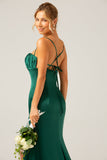 Dark Green Mermaid Spaghetti Straps Satin Long Bridesmaid Dress