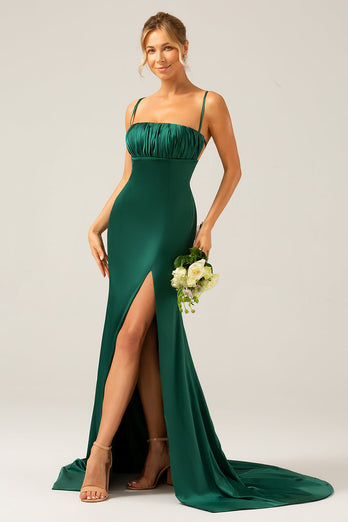 Dark Green Mermaid Spaghetti Straps Satin Long Bridesmaid Dress