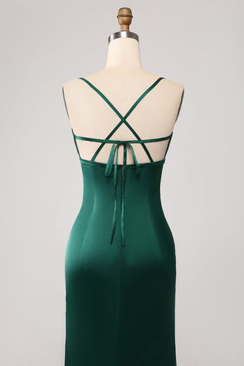 Dark Green Mermaid Spaghetti Straps Satin Formal Dress with Slit