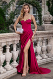 Burgundy Mermaid Spaghetti Straps Corset Long Formal Dress with Slit