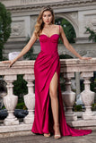 Burgundy Mermaid Spaghetti Straps Corset Long Formal Dress with Slit