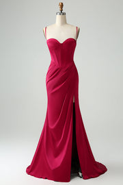 Burgundy Mermaid Spaghetti Straps Long Corset Formal Dress with Slit