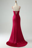 Burgundy Mermaid Spaghetti Straps Corset Long Formal Dress with Slit