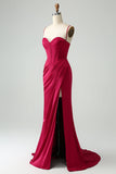 Burgundy Mermaid Spaghetti Straps Long Corset Formal Dress with Slit