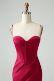 Burgundy Mermaid Spaghetti Straps Long Corset Formal Dress with Slit