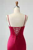 Burgundy Mermaid Spaghetti Straps Long Corset Formal Dress with Slit