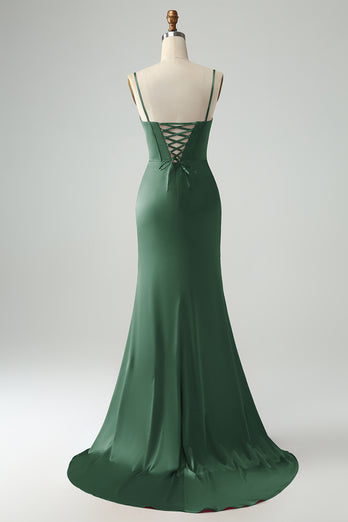 Mermaid Fuchsia Spaghetti Straps Long Corset Formal Dress with Slit