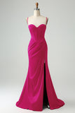 Mermaid Fuchsia Spaghetti Straps Long Corset Formal Dress with Slit