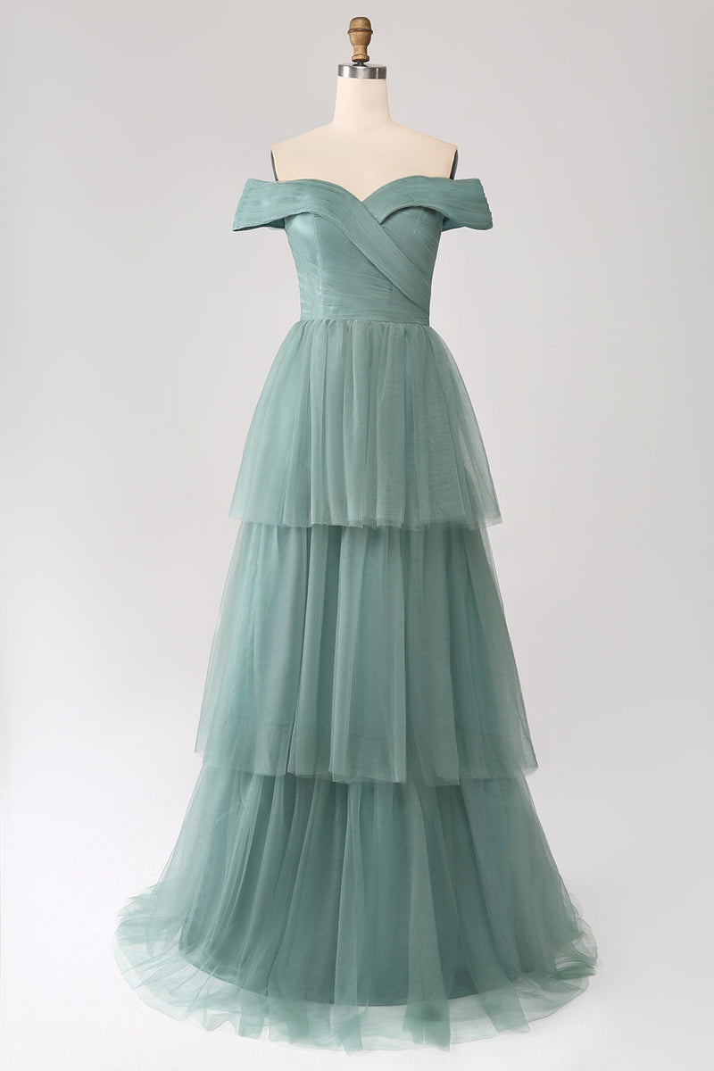 Load image into Gallery viewer, Grey Green Off the Shoulder Tiered Tulle A Line Formal Dress