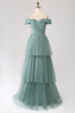 Grey Green Off the Shoulder Tiered Tulle A Line Formal Dress