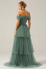 Load image into Gallery viewer, Grey Green Tulle A Line Off the Shoulder Tiered Bridesmaid Dress