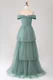 Grey Green Off the Shoulder Tiered Tulle A Line Formal Dress