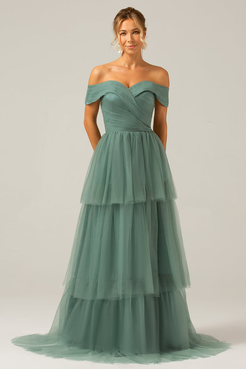 Load image into Gallery viewer, Grey Green Tulle A Line Off the Shoulder Tiered Bridesmaid Dress