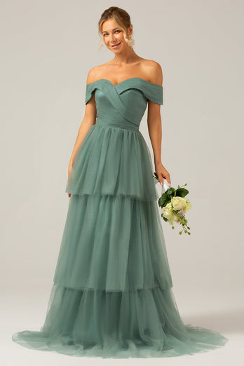 Grey Green Tulle A Line Off the Shoulder Tiered Bridesmaid Dress
