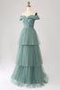 Load image into Gallery viewer, Grey Green Off the Shoulder Tiered Tulle A Line Formal Dress