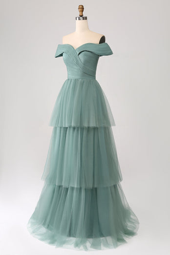 Grey Green Off the Shoulder Tiered Tulle A Line Formal Dress