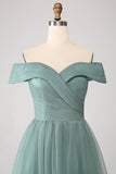 Grey Green Off the Shoulder Tiered Tulle A Line Formal Dress