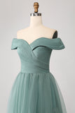 Grey Green Off the Shoulder Tiered Tulle A Line Formal Dress