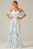 Load image into Gallery viewer, White Blue Floral Boho Chiffon Ruffled Long Bridesmaid Dress