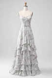 White Brown Flower Spaghetti Straps A Line Bridesmaid Dress With Ruffles