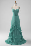 Grey Green Spaghetti Straps A Line Bridesmaid Dress with Ruffles