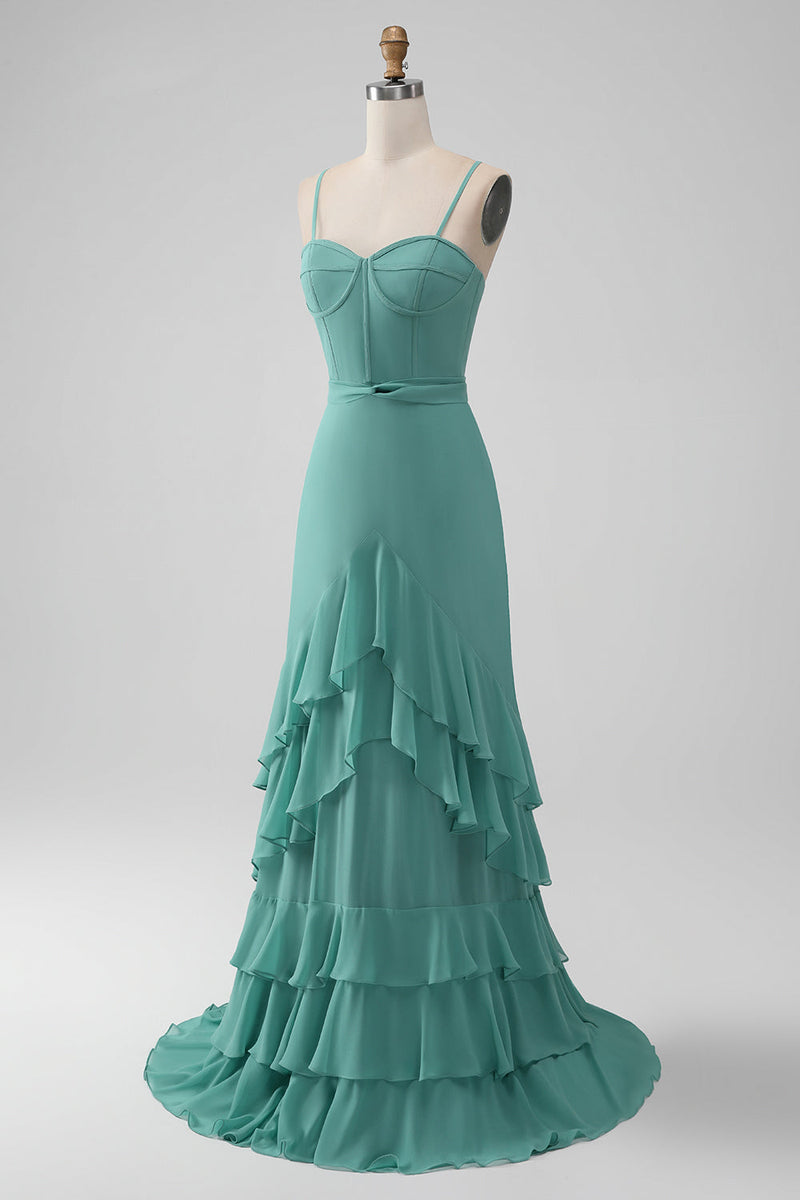 Load image into Gallery viewer, Grey Green Spaghetti Straps A Line Bridesmaid Dress with Ruffles