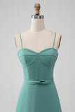 Grey Green Spaghetti Straps A Line Bridesmaid Dress with Ruffles