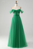 Dark Green A Line Off The Shoulder Corset Long Formal Dress