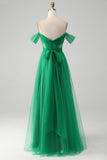 Dark Green A Line Off The Shoulder Corset Long Formal Dress