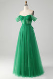 Dark Green A Line Off The Shoulder Corset Long Formal Dress