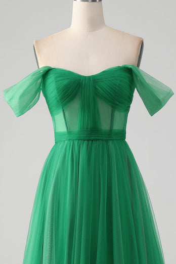 Dark Green A Line Off The Shoulder Corset Long Formal Dress