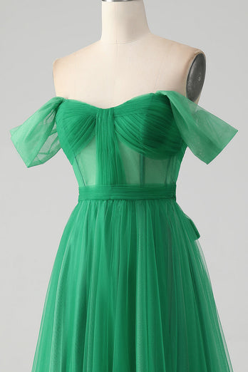 Dark Green A Line Off The Shoulder Corset Long Formal Dress